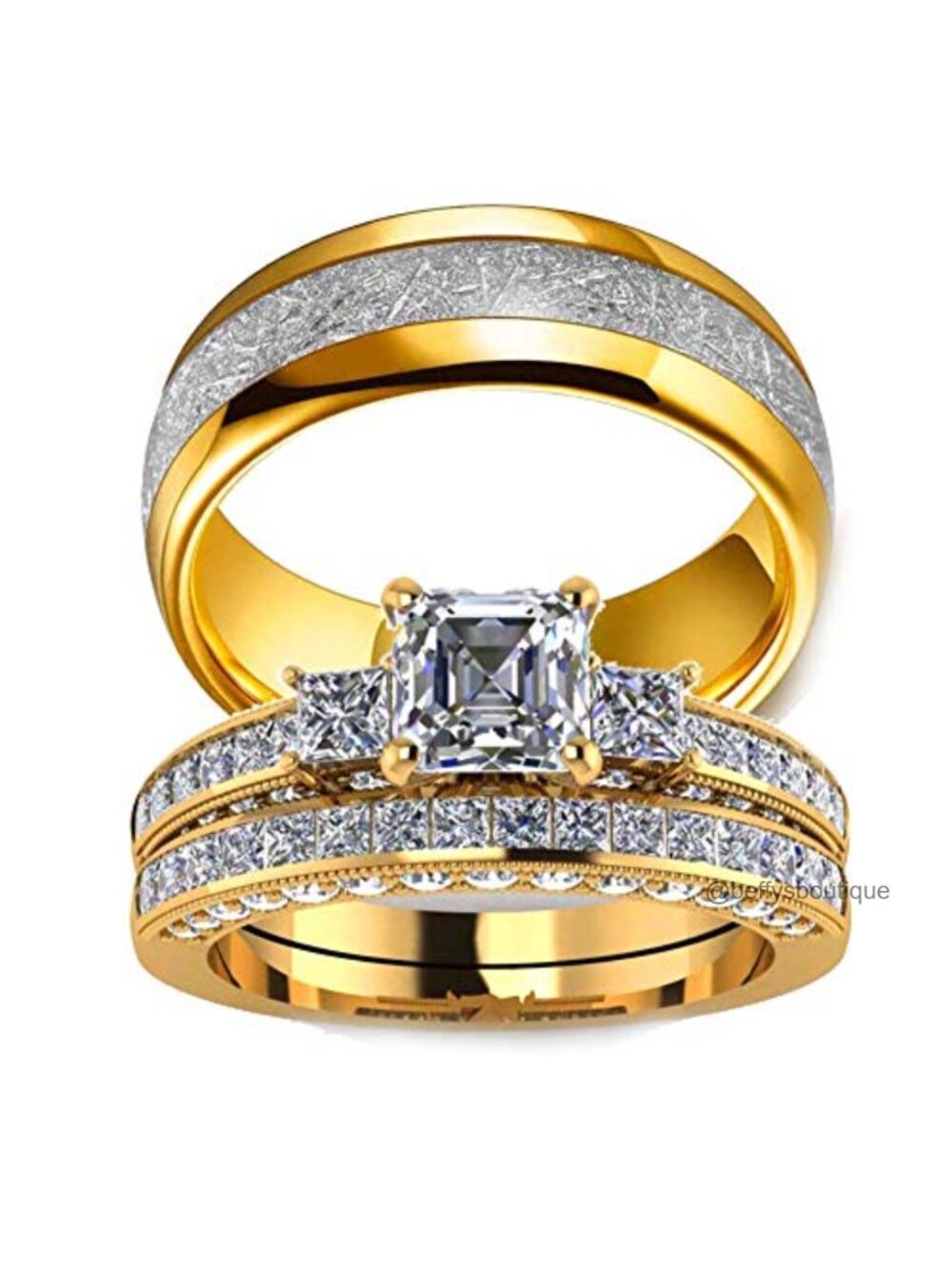 10K Yellow Gold Filled Bridal Ring Set Square CZ Stainless Steel Band